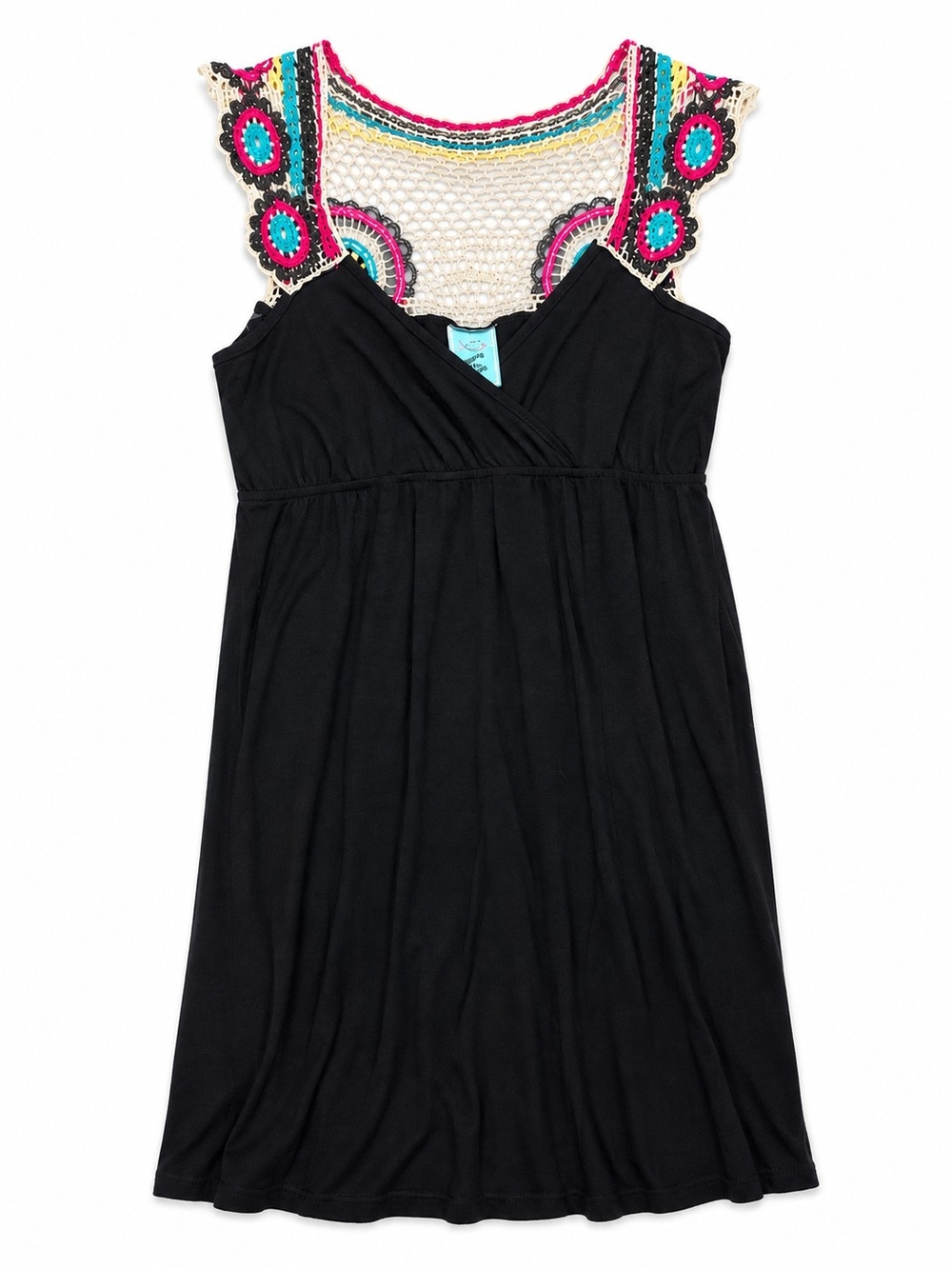 h.i.p. Y2K Black Dress with Cream Crochet and Pink & Teal Accents Size Small
